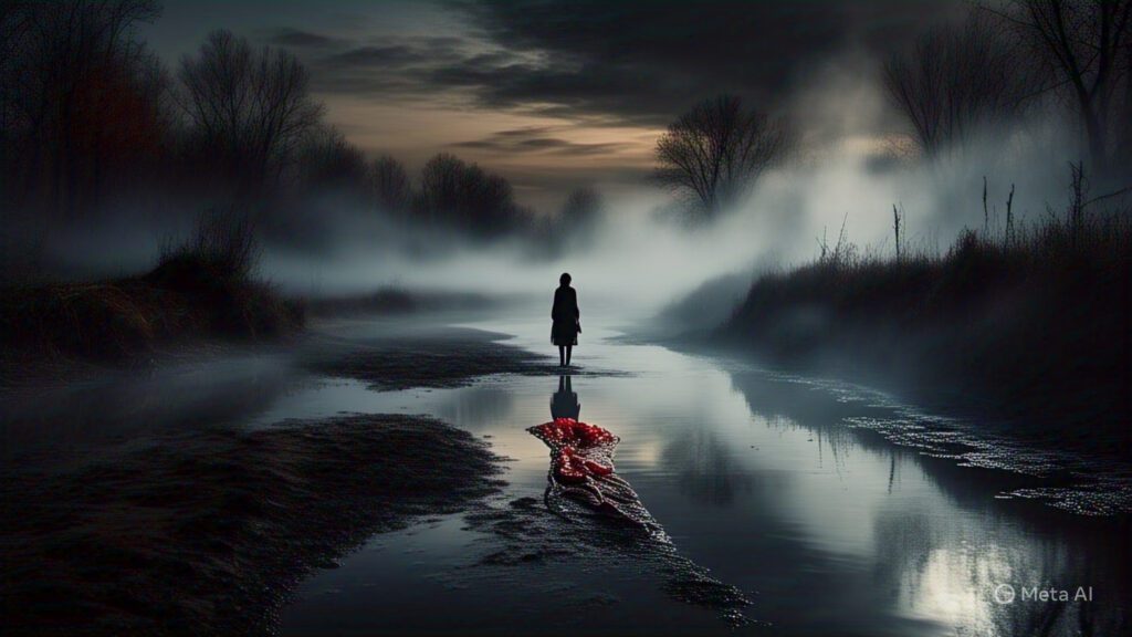 a haunted river bend at twilight with 2