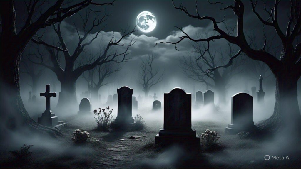 an old graveyard at midnight with fog