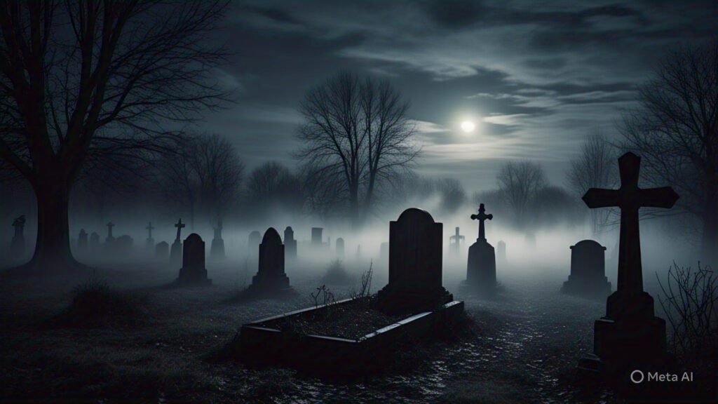 an old graveyard at midnight with fog 2 1