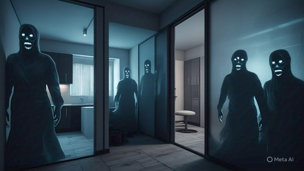 dimly lit modern apartment interior with three 4