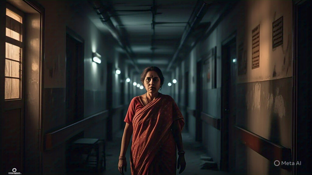 old hospital corridor at night with flickering 1