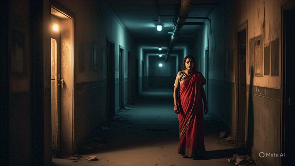 old hospital corridor at night with flickering 2